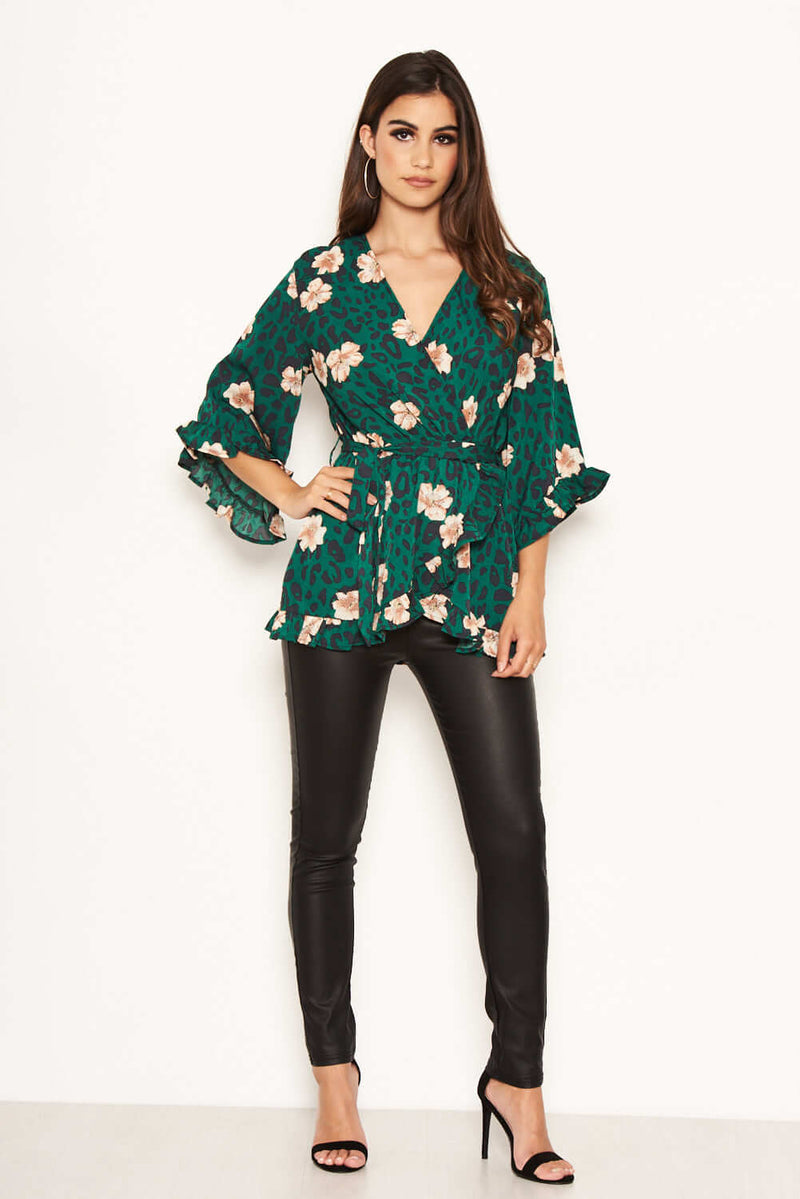 Green Animal Print Wrap Top