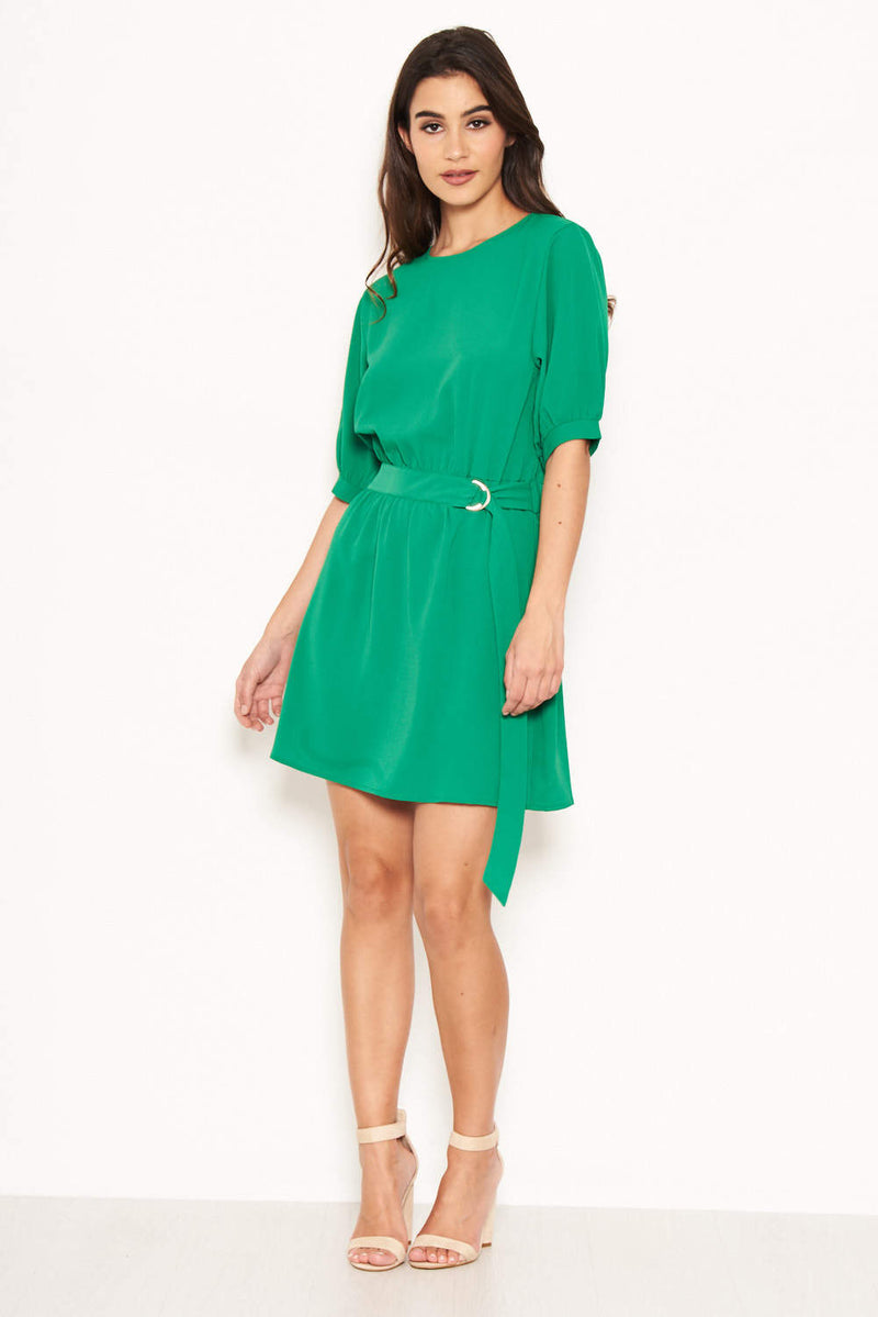 Green Belted D Ring Skater Dress