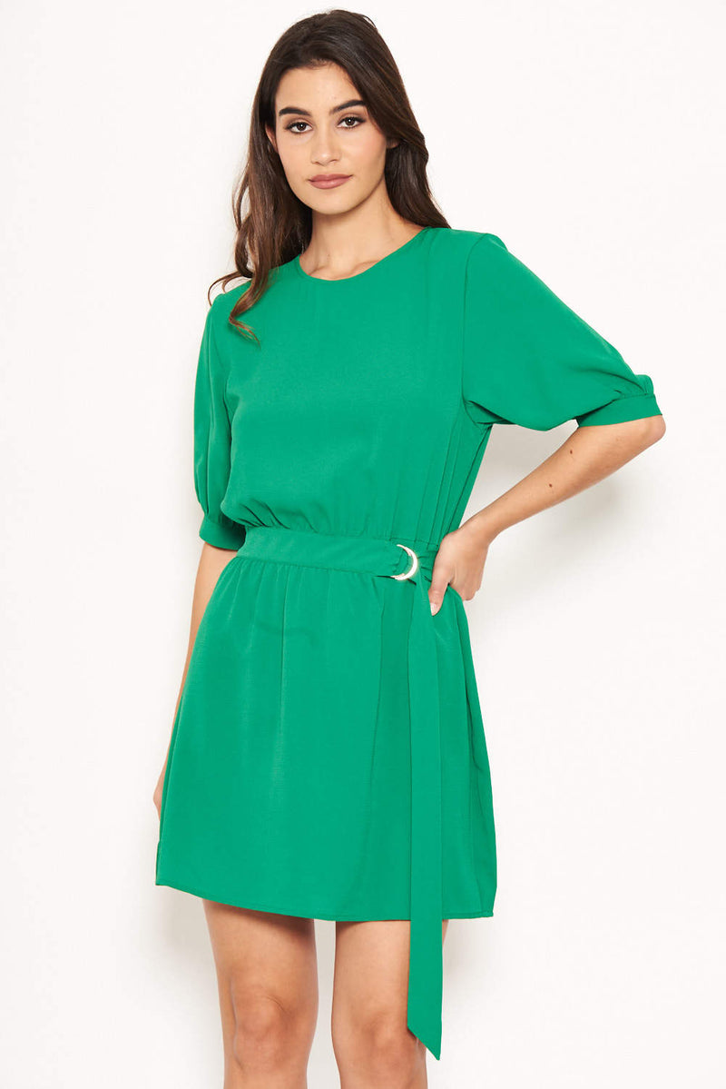 Green Belted D Ring Skater Dress