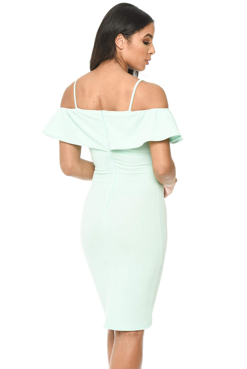 Green Bodycon Midi Dress Featuring A Bardot Frill