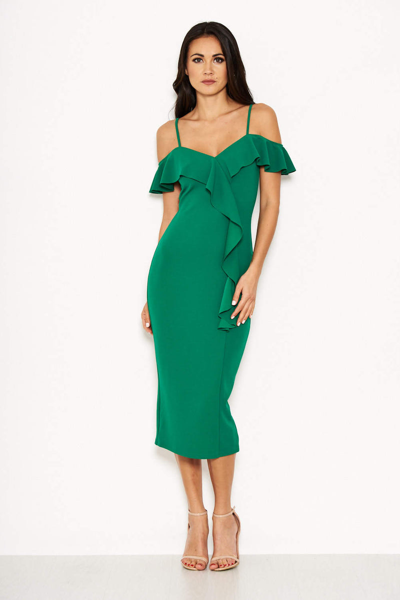 Green Cold Shoulder Frill Detail Midi Dress