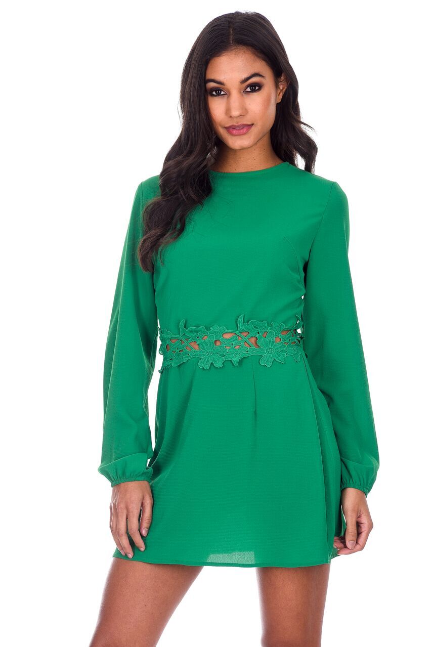 Green Crochet Waist Long Sleeved Dress AX Paris Green Crochet Waist Long Sleeved Dress AX Paris