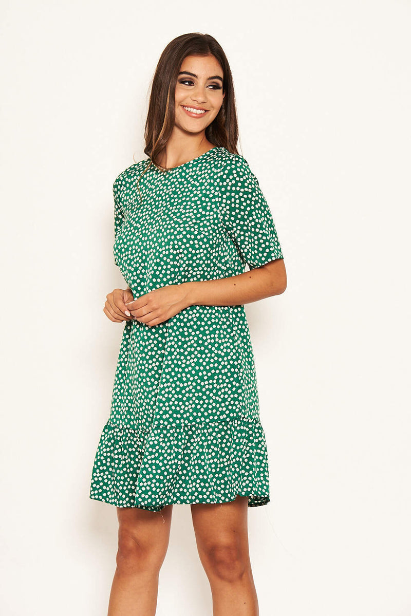 Green Floral Frill Hem T-Shirt Dress