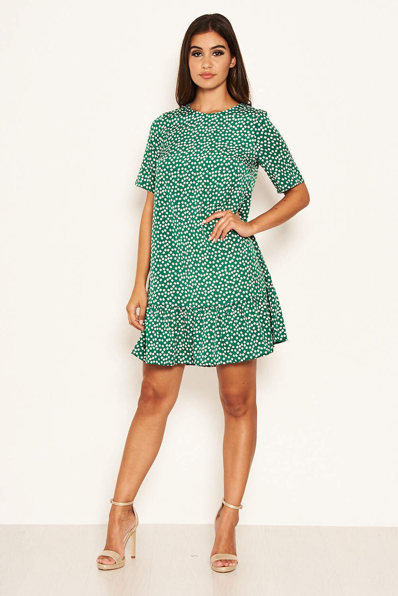 Green Floral Frill Hem T-Shirt Dress