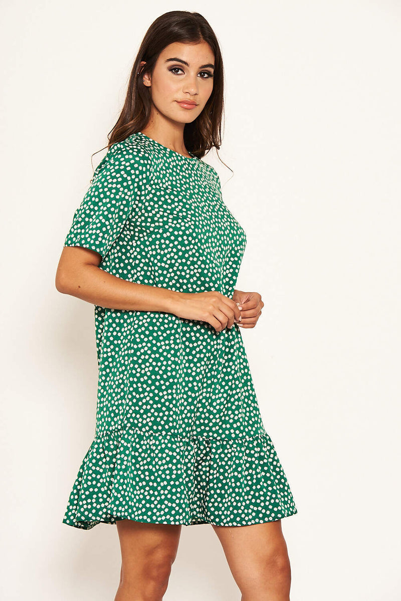 Green Floral Frill Hem T-Shirt Dress