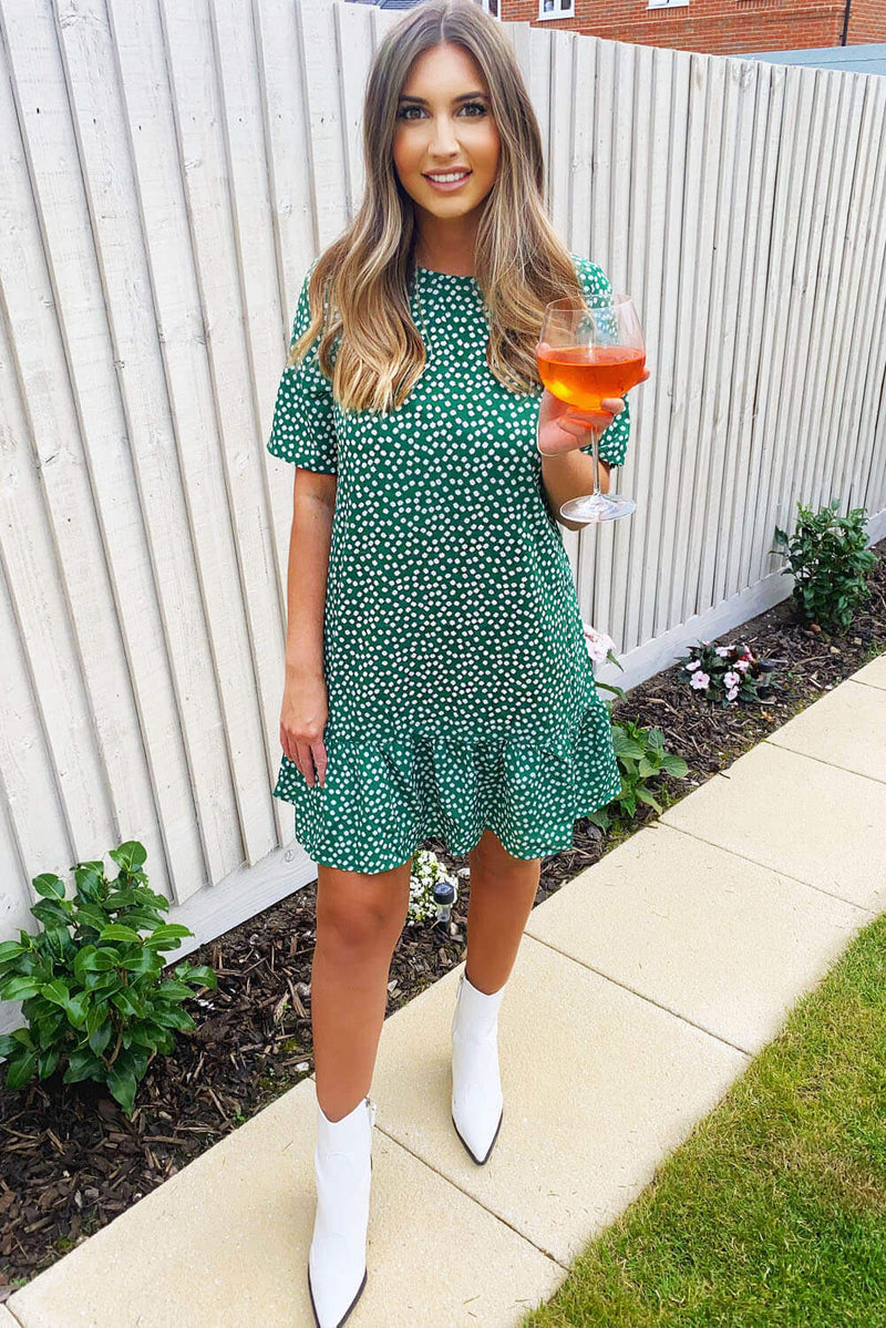 Green Floral Frill Hem T-Shirt Dress