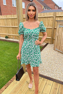 Green Floral Print Milkmaid Neckline Dress