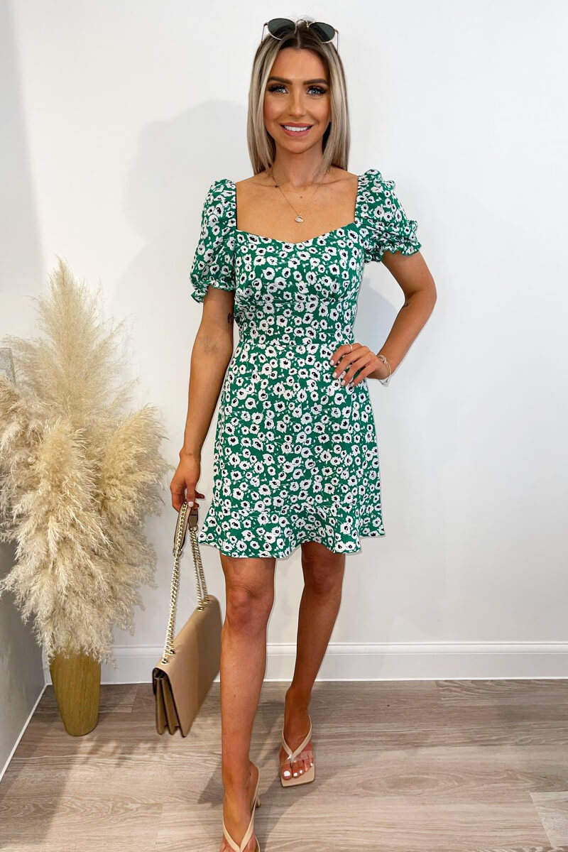 Green Floral Print Milkmaid Neckline Dress