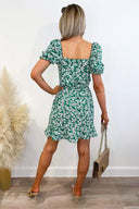 Green Floral Print Milkmaid Neckline Dress