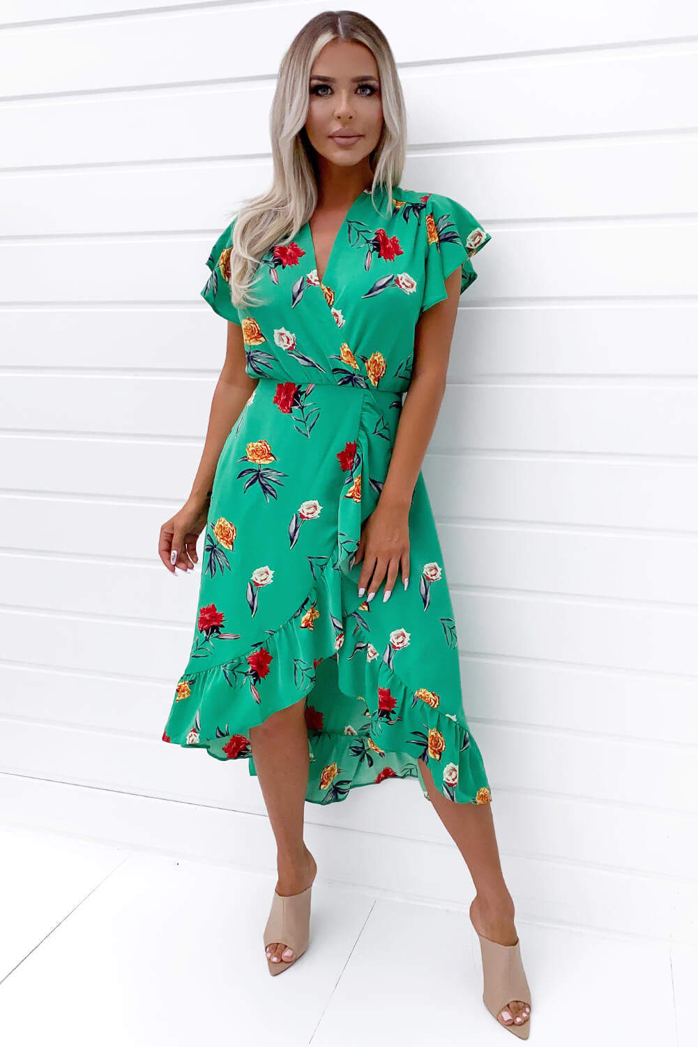 ax paris dresses green Green Paisley Printed V-Neck Belted Wrap Midi Dress AX Paris