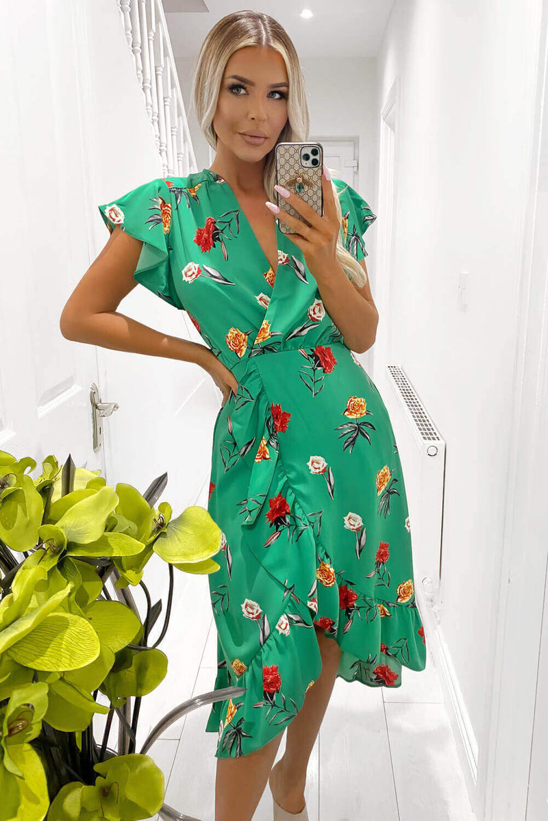 Green Floral Printed Frill Midi Dress