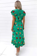 Green Floral Printed Frill Midi Dress