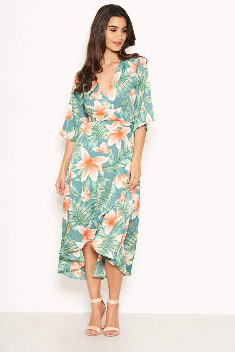 Green Floral Wrap Maxi Dress