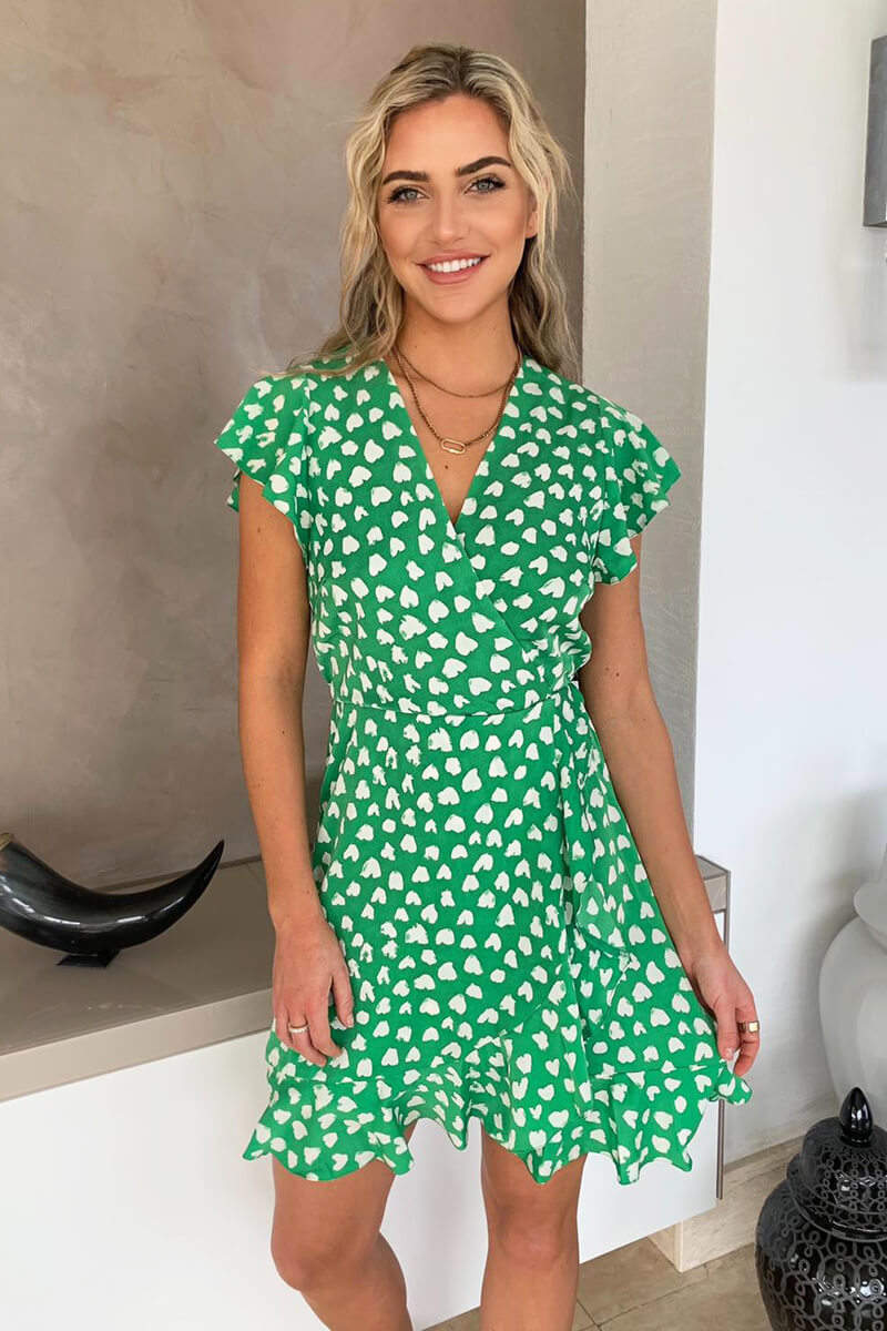 Green Heart Print Wrap Skater Dress