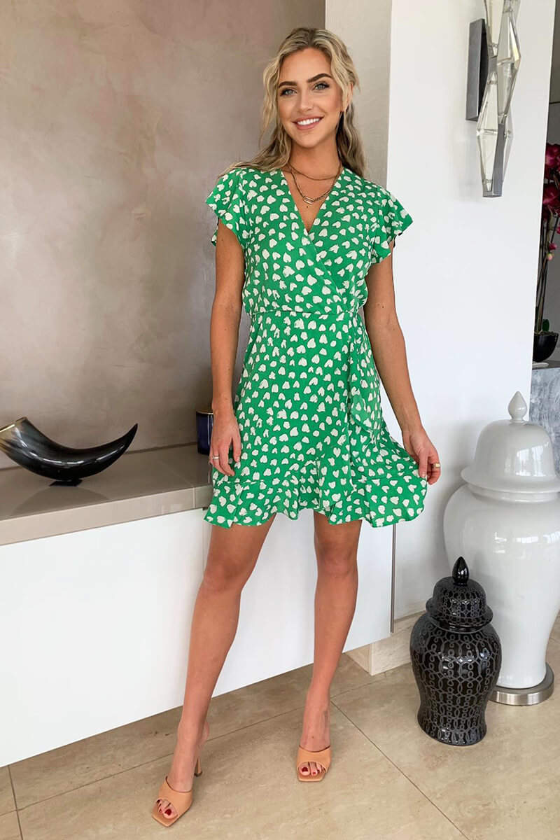 Green Heart Print Wrap Skater Dress