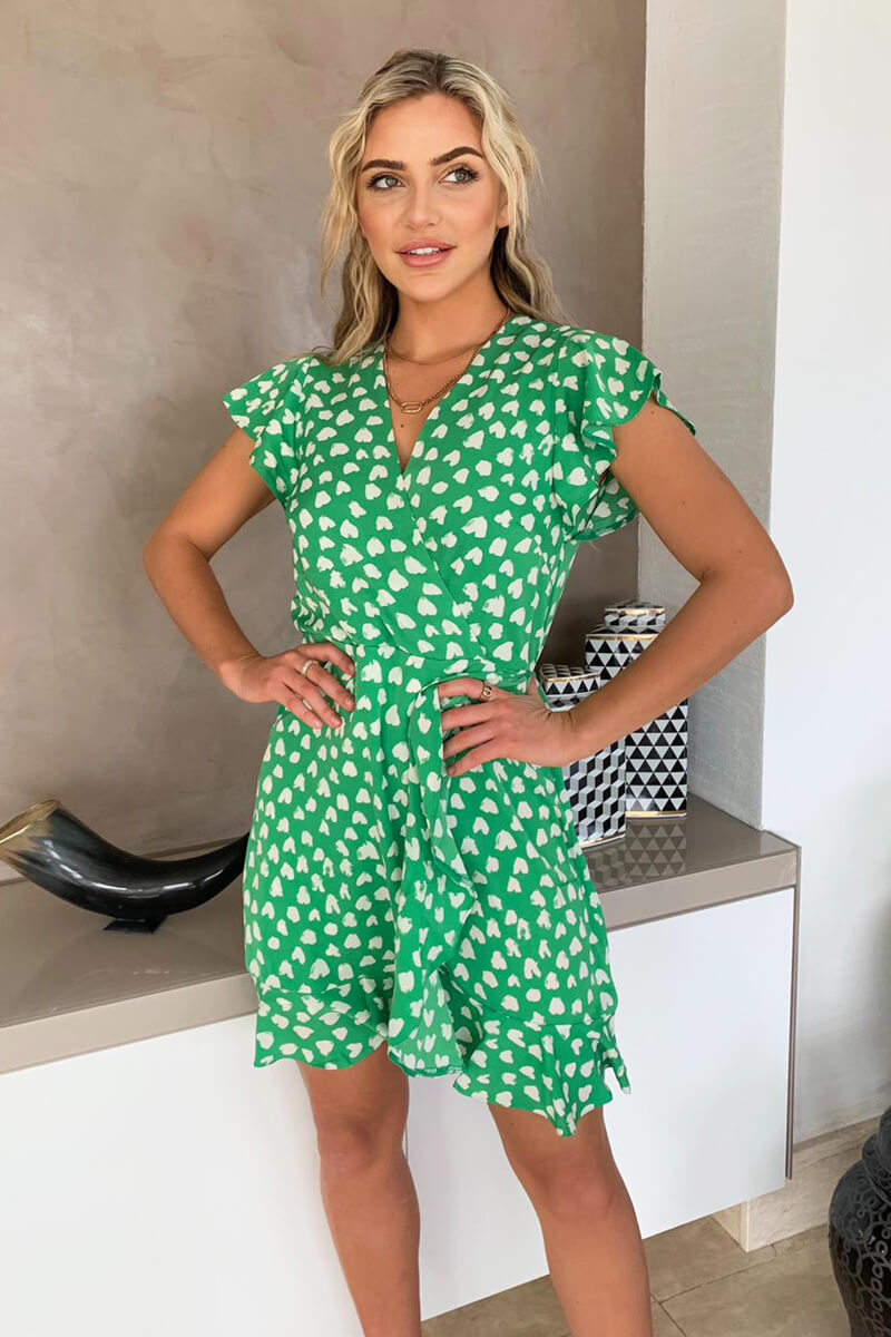 Green Heart Print Wrap Skater Dress