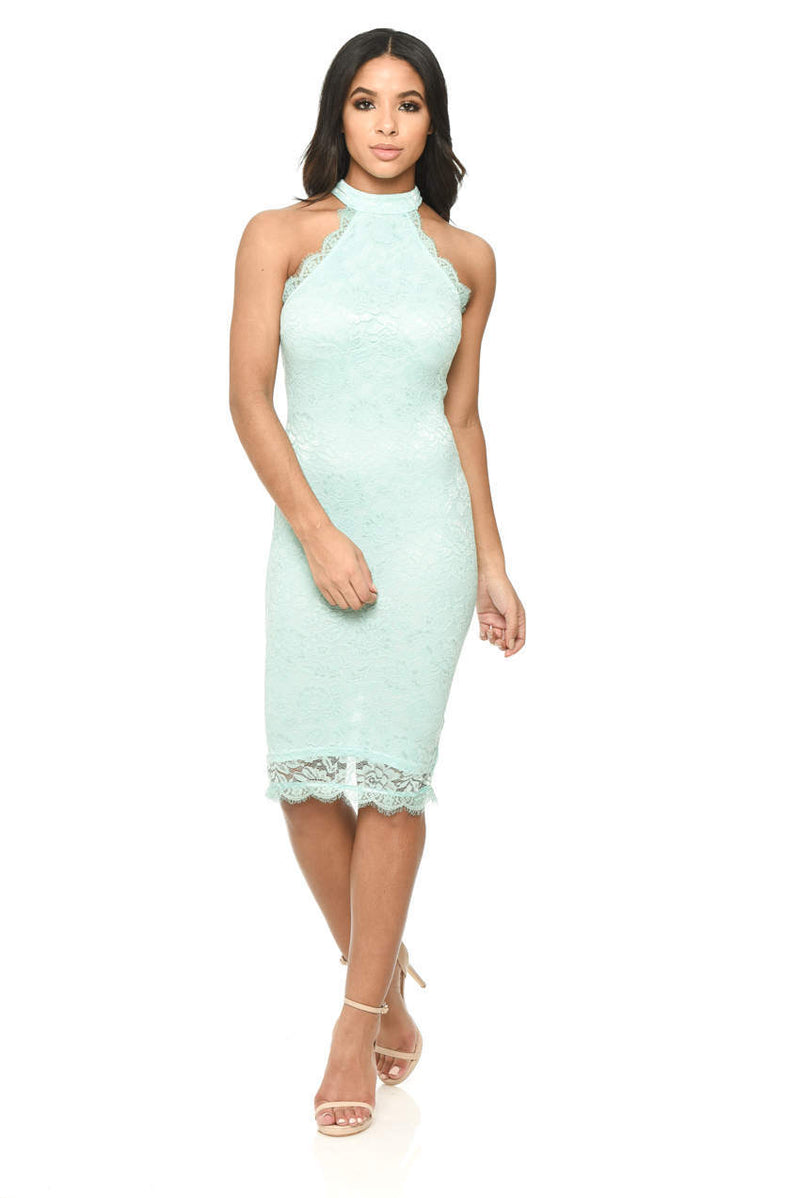 Green Lace High Neck Bodycon