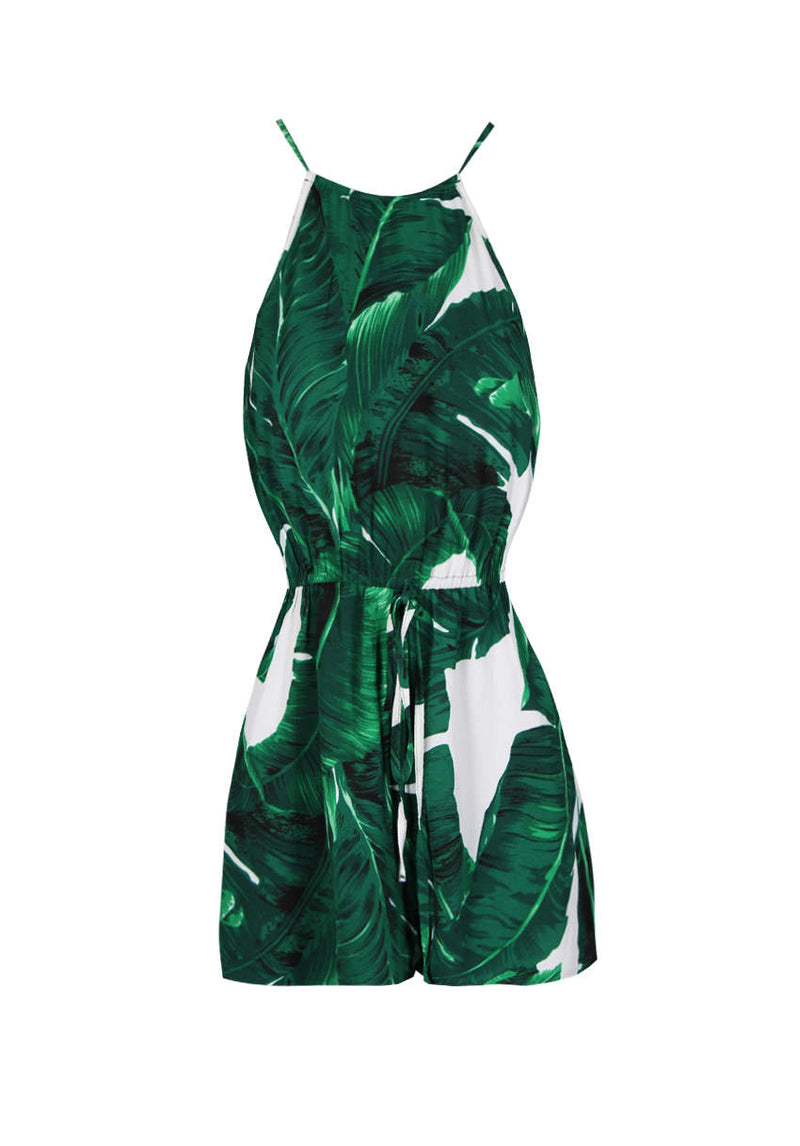 Green Leaf Print Tie Waist Playsuit
