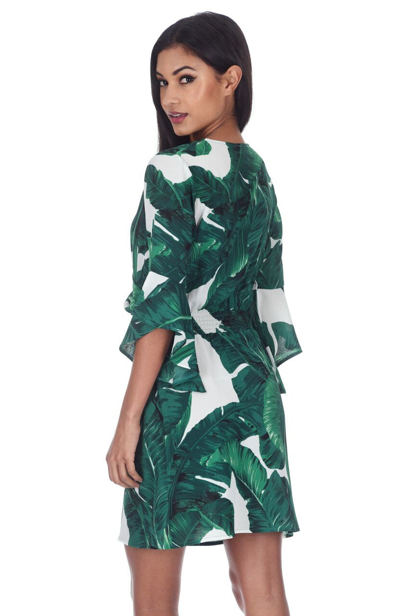 Green Leaf Print V-Neck Sleeved Skater Dress