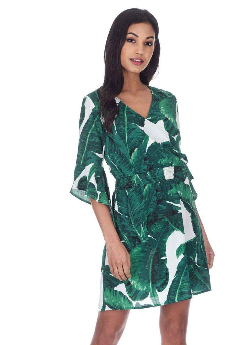 Green Leaf Print V-Neck Sleeved Skater Dress