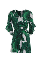 Green Leaf Print V-Neck Sleeved Skater Dress