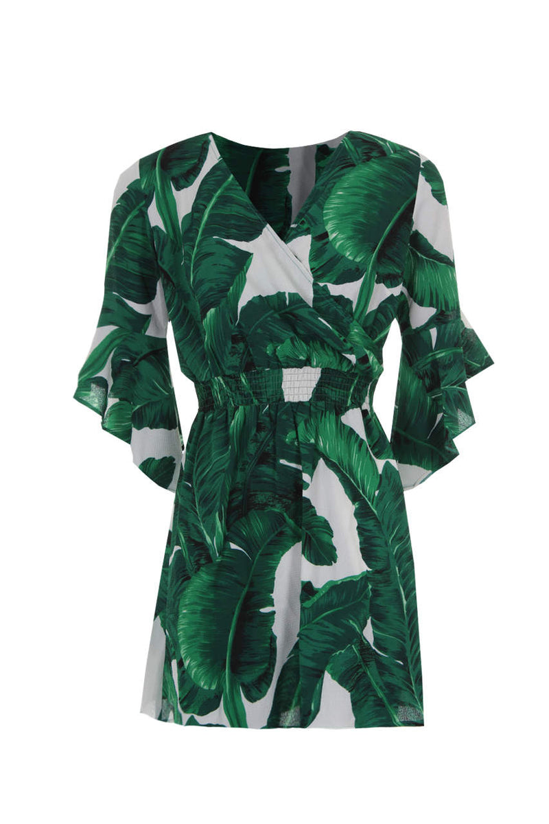 Green Leaf Print V-Neck Sleeved Skater Dress