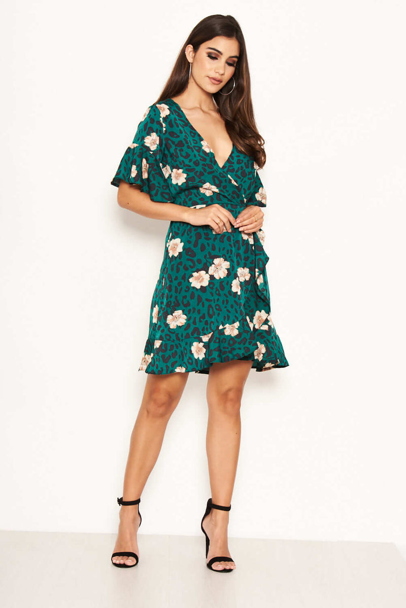 Ax paris green leopard print shop wrap dress