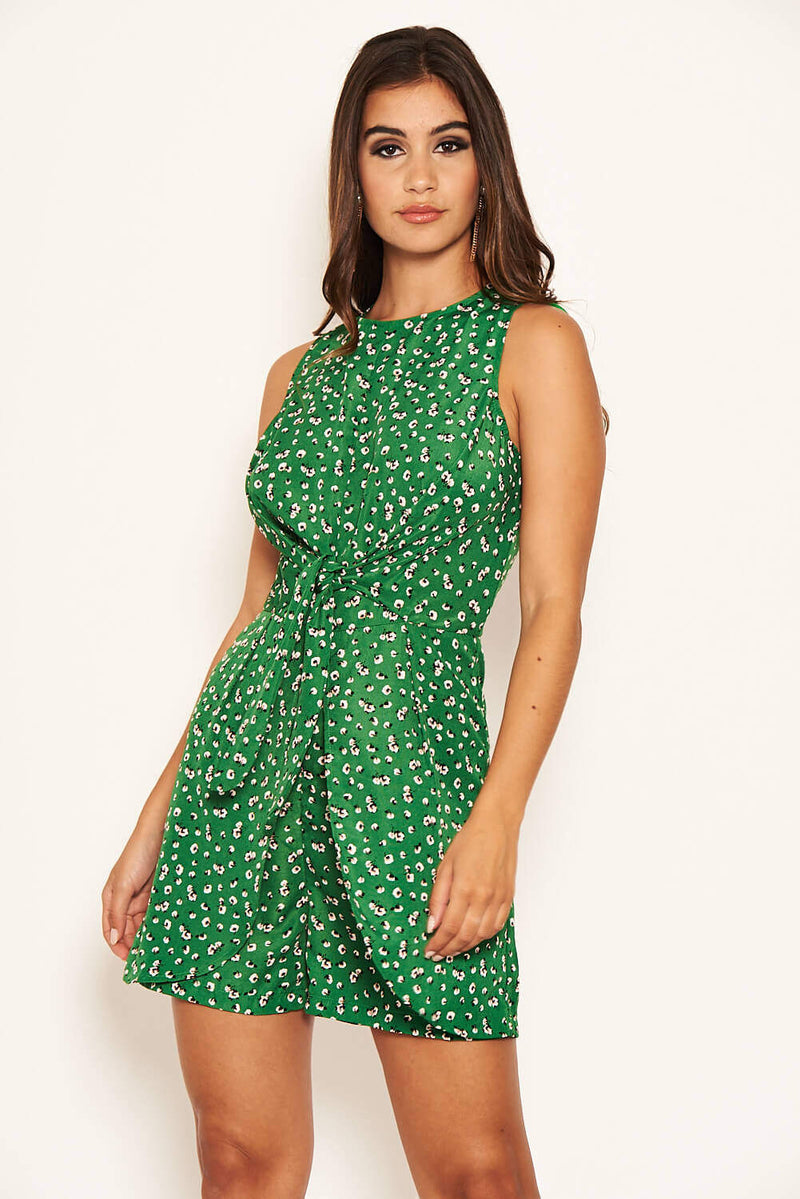 Green Patterned Knot Front Playsuit