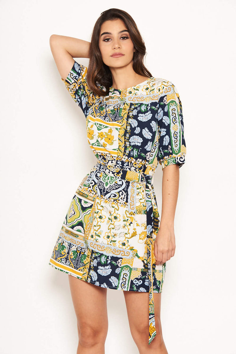 Green Printed Belted Day Dress