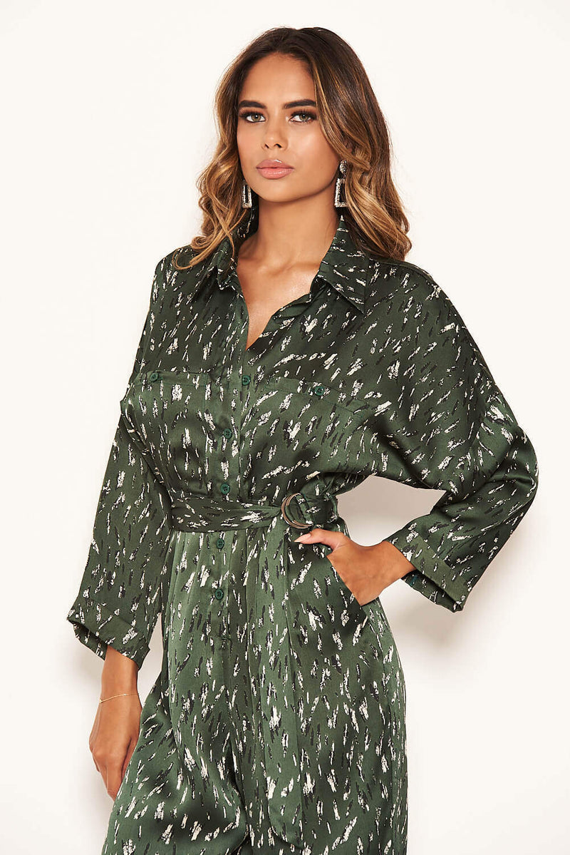Green Printed Button Up Jumpsuit