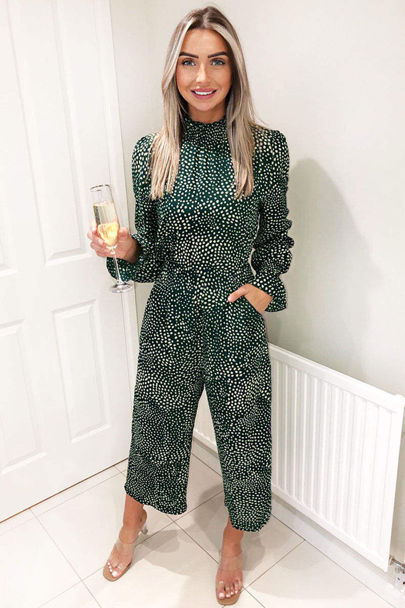Green Printed Elasticated Neck Culotte Jumpsuit
