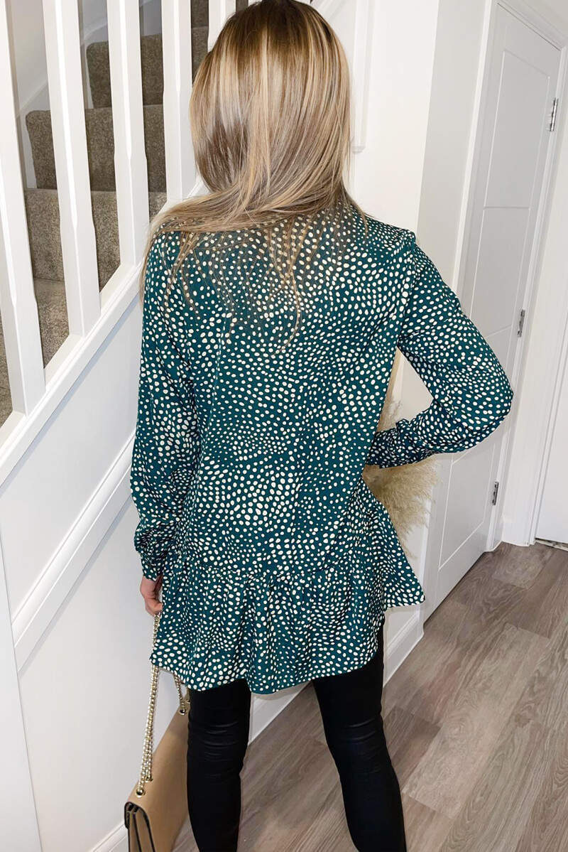 Green Printed Frill Hem Shirt Dress