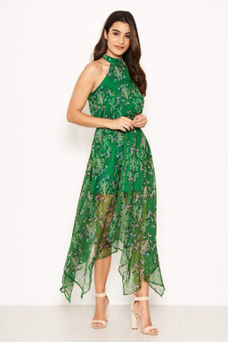Green Printed Halterneck Maxi Dress