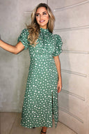 Green Printed Ruched Short Sleeve Midi Dress