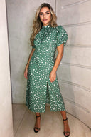 Green Printed Ruched Short Sleeve Midi Dress