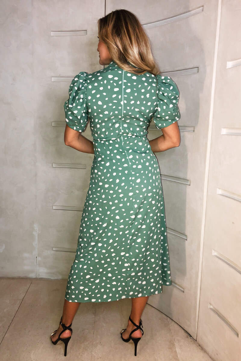 Green Printed Ruched Short Sleeve Midi Dress