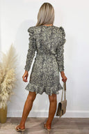 Green Printed Ruched Sleeve Frill Hem Dress