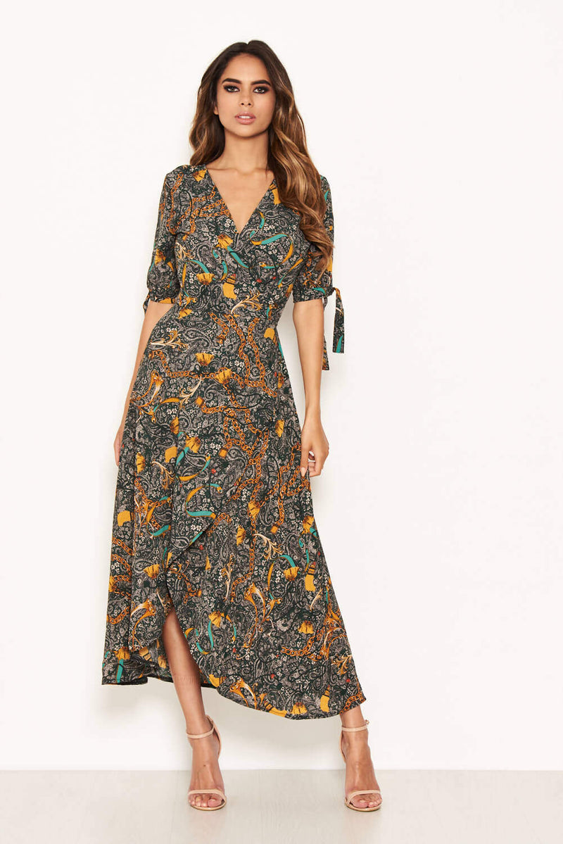 Green Printed Wrap Midi Dress With Tie Sleeves