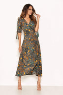 Green Printed Wrap Midi Dress With Tie Sleeves