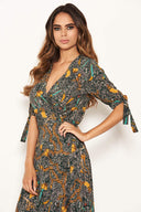 Green Printed Wrap Midi Dress With Tie Sleeves