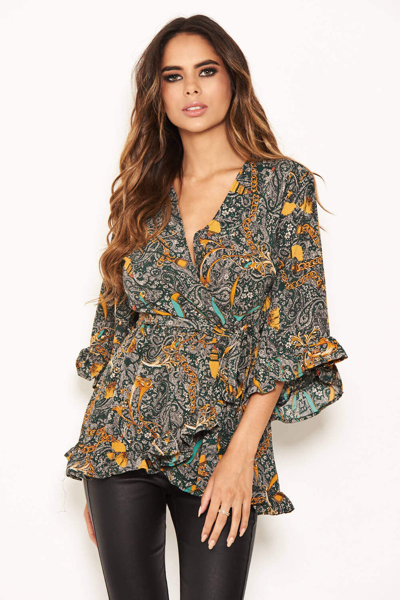 Green Printed Wrap Frill Top