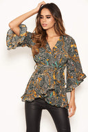 Green Printed Wrap Frill Top