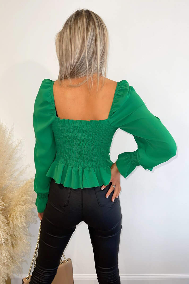 Green Shirred Back Milkmaid Top