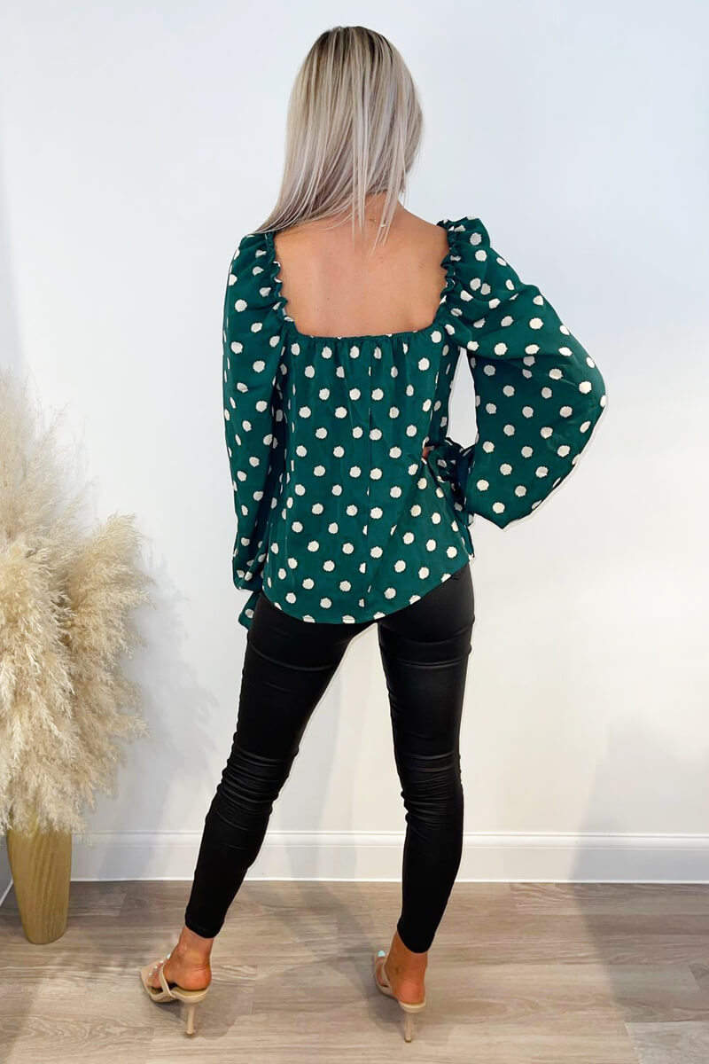 Green Spot Printed Square Neck Top