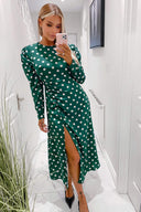 Green Spot Ruched Detail Midi Dress