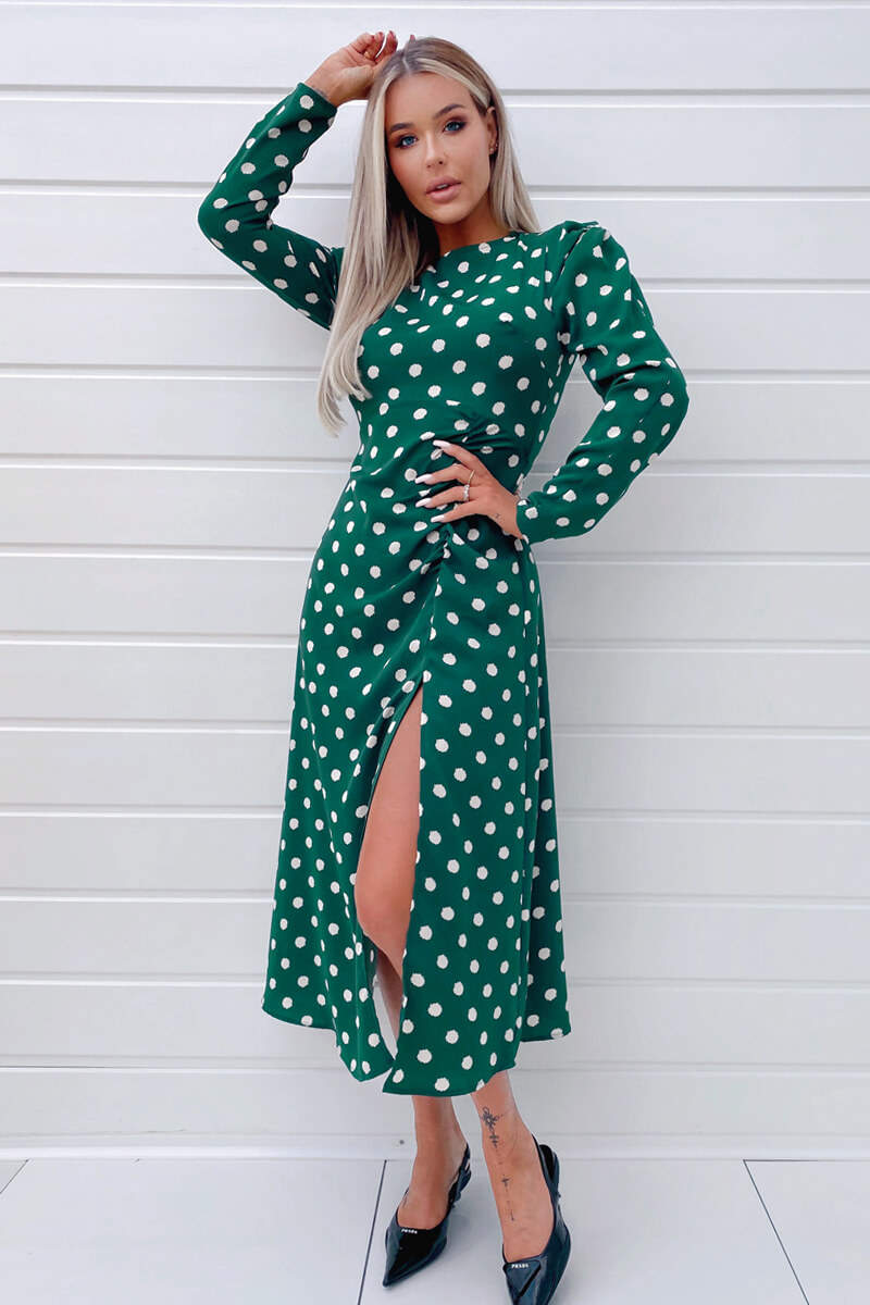 Green Spot Ruched Detail Midi Dress