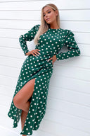 Green Spot Ruched Detail Midi Dress