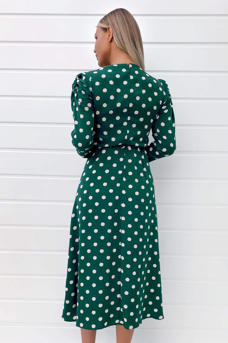 Green Spot Ruched Detail Midi Dress