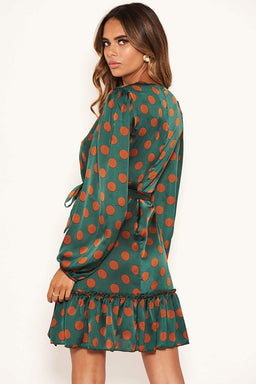 Green Spotty Dress With Frill Hem