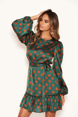 Green Spotty Dress With Frill Hem